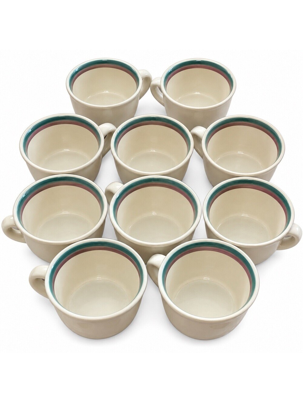 Pfaltzgraff Juniper Flat Coffee Cups Set of 10 Teal Mauve Stoneware USA